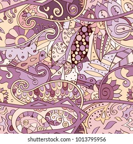 Tracery seamless pattern. Mehndi design. Ethnic colorful doodle texture. Curved doodling background. Vector