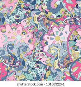 Tracery seamless pattern. Mehndi design. Ethnic colorful doodle texture. Curved doodling background. Vector
