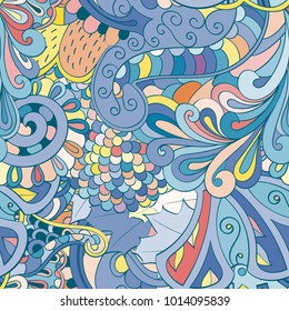 Tracery seamless pattern. Mehndi design. Ethnic colorful doodle texture. Curved doodling background. Vector