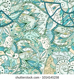 Tracery seamless pattern. Mehndi design. Ethnic colorful doodle texture. Curved doodling background. Vector