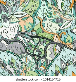 Tracery seamless pattern. Mehndi design. Ethnic colorful doodle texture. Curved doodling background. Vector