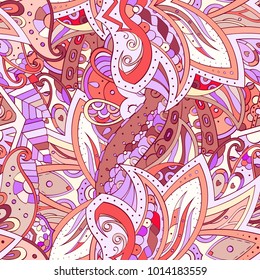 Tracery seamless pattern. Mehndi design. Ethnic colorful doodle texture. Curved doodling background. Vector
