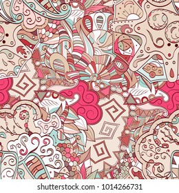 Tracery seamless pattern. Mehndi design. Ethnic colorful doodle texture. Curved doodling background. Vector