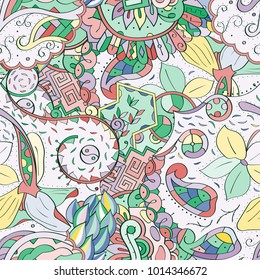 Tracery seamless pattern. Mehndi design. Ethnic colorful doodle texture. Curved doodling background. Vector