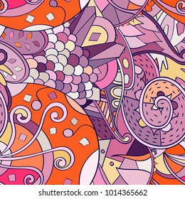 Tracery seamless pattern. Mehndi design. Ethnic colorful doodle texture. Curved doodling background. Vector