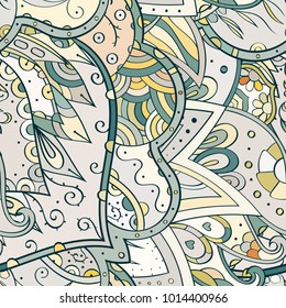 Tracery seamless pattern. Mehndi design. Ethnic colorful doodle texture. Curved doodling background. Vector