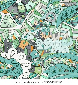 Tracery seamless pattern. Mehndi design. Ethnic colorful doodle texture. Curved doodling background. Vector