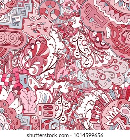 Tracery seamless pattern. Mehndi design. Ethnic colorful doodle texture. Curved doodling background. Vector
