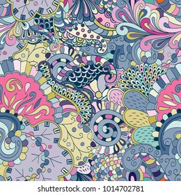 Tracery seamless pattern. Mehndi design. Ethnic colorful doodle texture. Curved doodling background. Vector