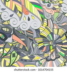 Tracery seamless pattern. Mehndi design. Ethnic colorful doodle texture. Curved doodling background. Vector