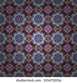 Tracery seamless pattern. Mehndi design in black, brown and blue colors. Ethnic colorful doodle texture. Curved doodling background. Vector illustration.