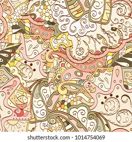 Tracery seamless pattern. Mehndi design. Ethnic colorful doodle texture. Curved doodling background. Vector