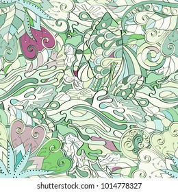 Tracery seamless pattern. Mehndi design. Ethnic colorful doodle texture. Curved doodling background. Vector