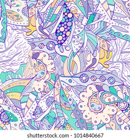 Tracery seamless pattern. Mehndi design. Ethnic colorful doodle texture. Curved doodling background. Vector