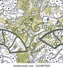 Tracery seamless pattern. Mehndi design. Ethnic colorful doodle texture. Curved doodling background. Vector