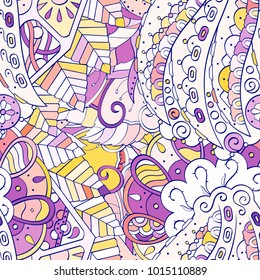 Tracery seamless pattern. Mehndi design. Ethnic colorful doodle texture. Curved doodling background. Vector