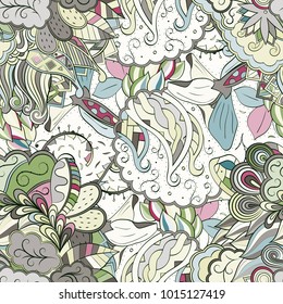 Tracery seamless pattern. Mehndi design. Ethnic colorful doodle texture. Curved doodling background. Vector