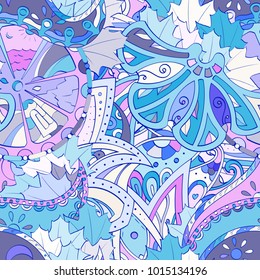 Tracery seamless pattern. Mehndi design. Ethnic colorful doodle texture. Curved doodling background. Vector