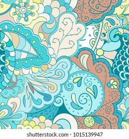 Tracery seamless pattern. Mehndi design. Ethnic colorful doodle texture. Curved doodling background. Vector
