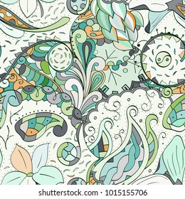 Tracery seamless pattern. Mehndi design. Ethnic colorful doodle texture. Curved doodling background. Vector