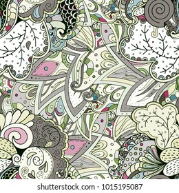 Tracery seamless pattern. Mehndi design. Ethnic colorful doodle texture. Curved doodling background. Vector