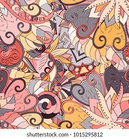 Tracery seamless pattern. Mehndi design. Ethnic colorful doodle texture. Curved doodling background. Vector