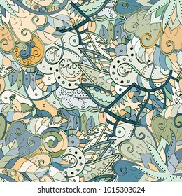 Tracery seamless pattern. Mehndi design. Ethnic colorful doodle texture. Curved doodling background. Vector