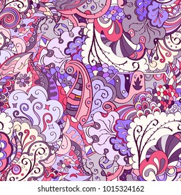 Tracery seamless pattern. Mehndi design. Ethnic colorful doodle texture. Curved doodling background. Vector