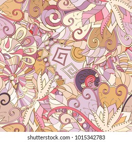 Tracery seamless pattern. Mehndi design. Ethnic colorful doodle texture. Curved doodling background. Vector