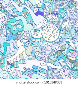 Tracery seamless pattern. Mehndi design. Ethnic colorful doodle texture. Curved doodling background. Vector