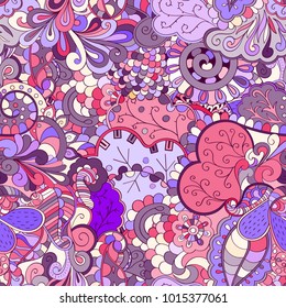 Tracery seamless pattern. Mehndi design. Ethnic colorful doodle texture. Curved doodling background. Vector