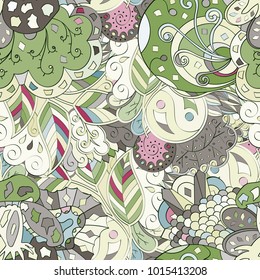 Tracery seamless pattern. Mehndi design. Ethnic colorful doodle texture. Curved doodling background. Vector