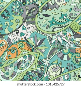 Tracery seamless pattern. Mehndi design. Ethnic colorful doodle texture. Curved doodling background. Vector