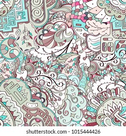 Tracery seamless pattern. Mehndi design. Ethnic colorful doodle texture. Curved doodling background. Vector
