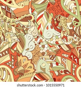 Tracery seamless pattern. Mehndi design. Ethnic colorful doodle texture. Curved doodling background. Vector
