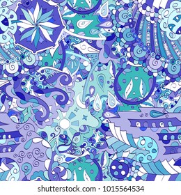 Tracery seamless pattern. Mehndi design. Ethnic colorful doodle texture. Curved doodling background. Vector