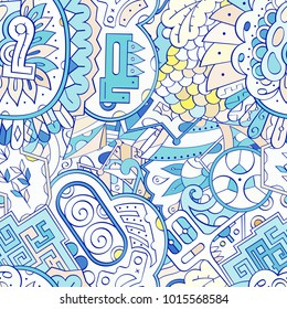 Tracery seamless pattern. Mehndi design. Ethnic colorful doodle texture. Curved doodling background. Vector