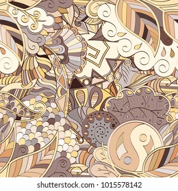 Tracery seamless pattern. Mehndi design. Ethnic colorful doodle texture. Curved doodling background. Vector