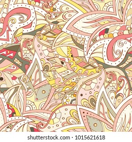 Tracery seamless pattern. Mehndi design. Ethnic colorful doodle texture. Curved doodling background. Vector