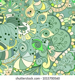 Tracery seamless pattern. Mehndi design. Ethnic colorful doodle texture. Curved doodling background. Vector
