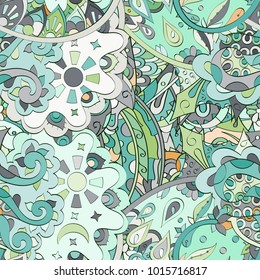 Tracery seamless pattern. Mehndi design. Ethnic colorful doodle texture. Curved doodling background. Vector