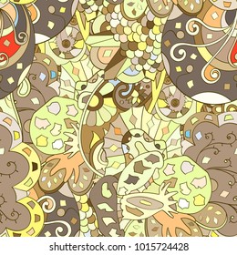 Tracery seamless pattern. Mehndi design. Ethnic colorful doodle texture. Curved doodling background. Vector