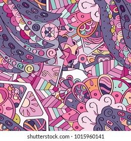 Tracery seamless pattern. Mehndi design. Ethnic colorful doodle texture. Curved doodling background. Vector