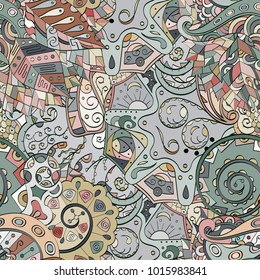 Tracery seamless pattern. Mehndi design. Ethnic colorful doodle texture. Curved doodling background. Vector