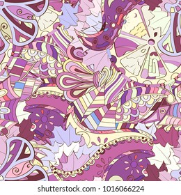 Tracery seamless pattern. Mehndi design. Ethnic colorful doodle texture. Curved doodling background. Vector