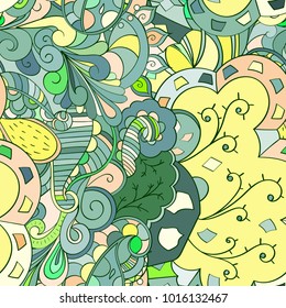 Tracery seamless pattern. Mehndi design. Ethnic colorful doodle texture. Curved doodling background. Vector