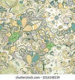 Tracery seamless pattern. Mehndi design. Ethnic colorful doodle texture. Curved doodling background. Vector