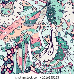 Tracery seamless pattern. Mehndi design. Ethnic colorful doodle texture. Curved doodling background. Vector