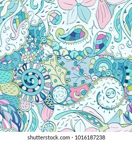 Tracery seamless pattern. Mehndi design. Ethnic colorful doodle texture. Curved doodling background. Vector