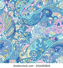 Tracery seamless pattern. Mehndi design. Ethnic colorful doodle texture. Curved doodling background. Vector